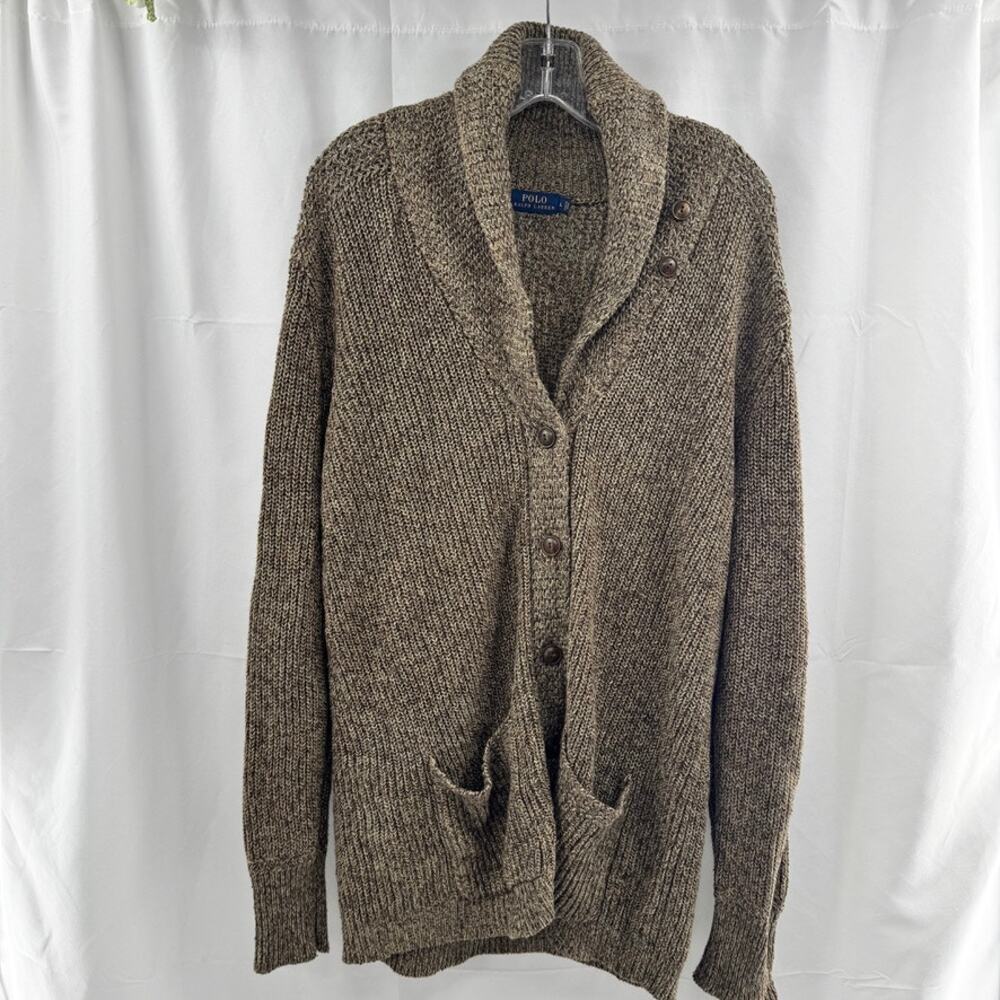 Polo Ralph Lauren Shawl Neck Cardigan Sweater Sz L Brown Linen Blend Pockets